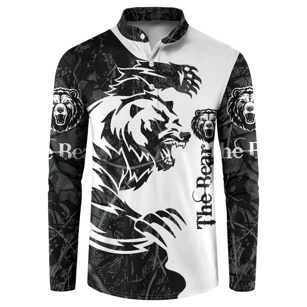 Black long-sleeve button sweatshirt with bold white bear graphic and animal faces