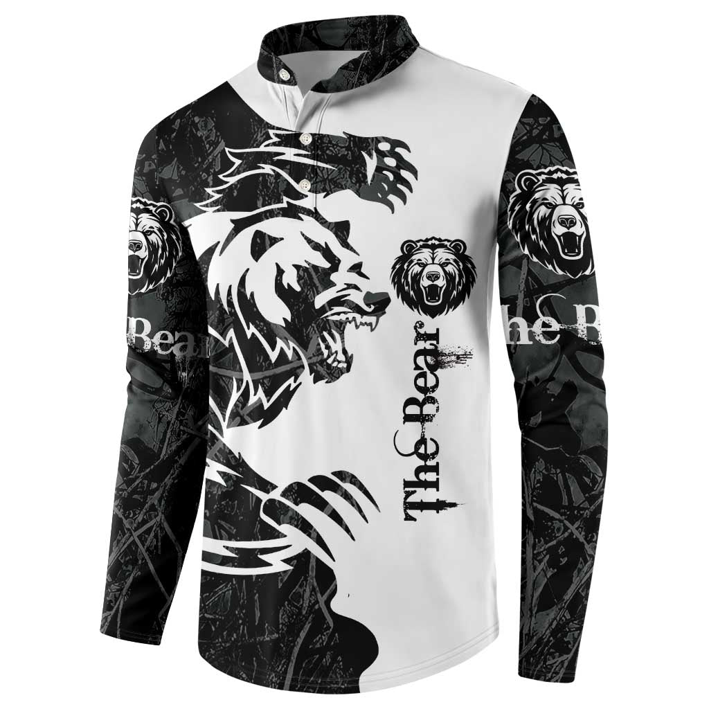 Black long-sleeve button sweatshirt with central white wolf-bear graphic and bear icons