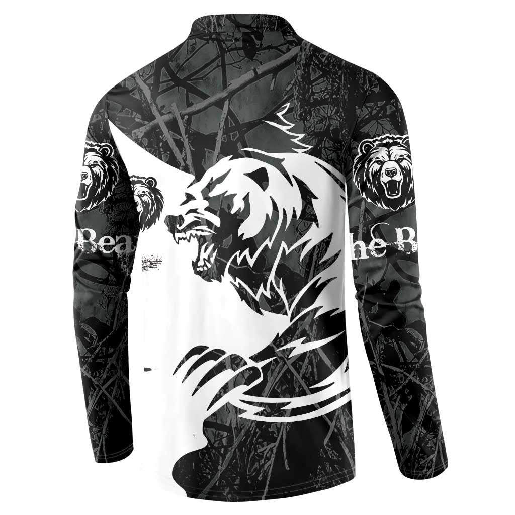 Black long-sleeve button sweatshirt with white bear head graphic and forest line pattern