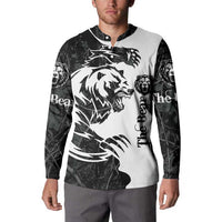 Black long-sleeve button sweatshirt with bear head graphic and The Bear text print
