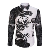 Unisex black long sleeve button shirt with white bear and forest tattoo graphics