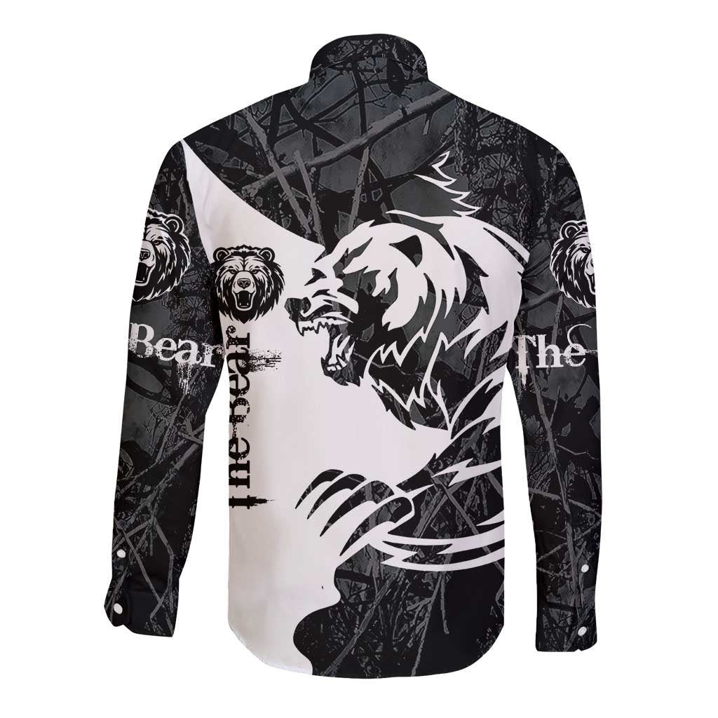 Unisex black long sleeve button shirt, back shows large white bear head graphics