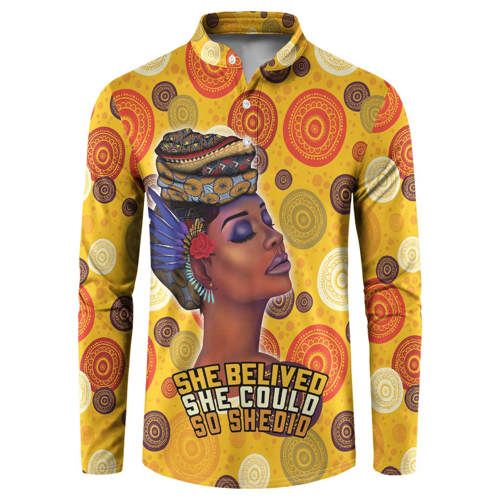 Yellow graphic sweatshirt with full front portrait and 'She Believed' style text