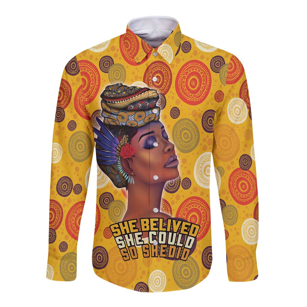 Yellow long-sleeve button shirt with colorful circular prints and portrait graphic on chest