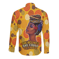 Yellow long-sleeve button shirt with circular pattern and side portrait graphic on chest