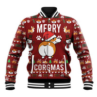 Red corgi baseball jacket with Merry Corgmas front graphic, ribbed striped collar and cuffs