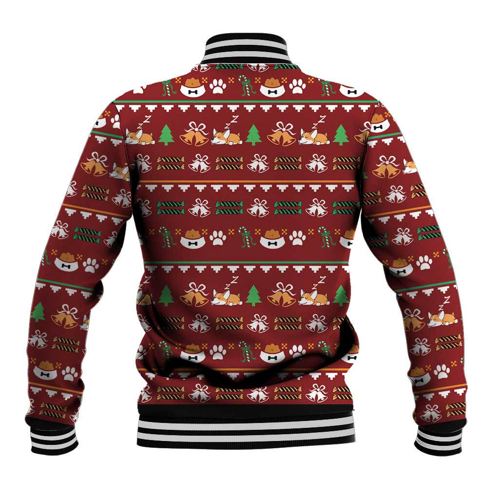 Red corgi baseball jacket back with holiday pattern, ribbed striped collar and hem