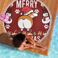 Red round beach blanket with tassel fringe and Merry Corgmas corgi graphic
