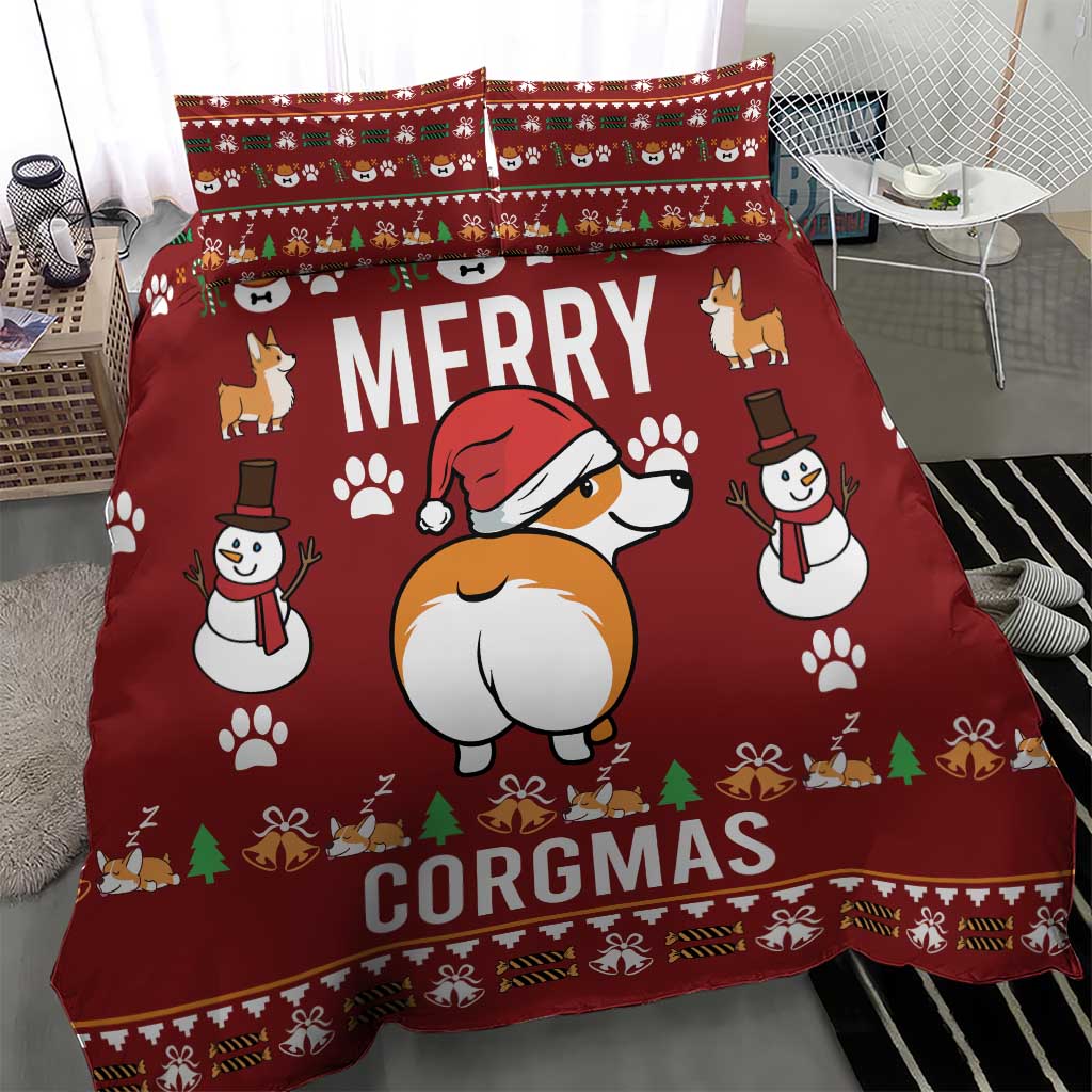 Red corgi 'Merry Corgmas' Christmas bedding set with two pillows and duvet
