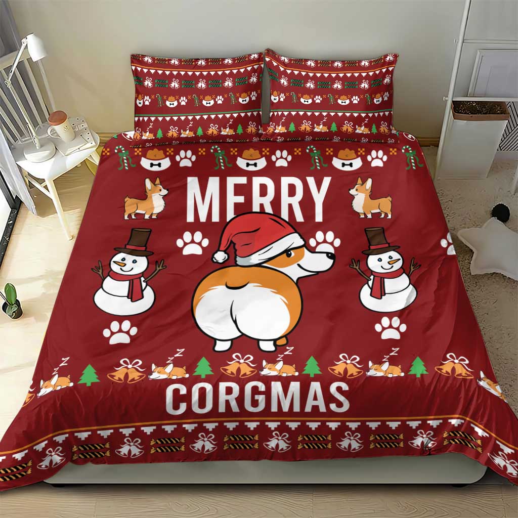 Red corgi Christmas bedding set with 'Merry Corgmas' text and two pillows