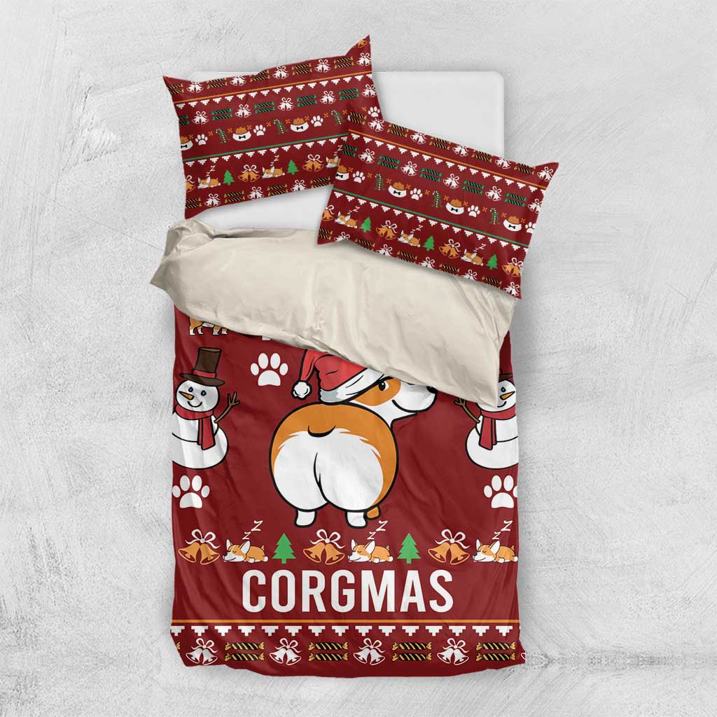 Red corgi Christmas duvet set with two pillowcases and 'CORGMAS' graphic
