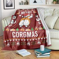 Red holiday throw blanket with cartoon corgi, Merry Corgmas text and paw prints