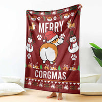 Red corgi-themed holiday blanket standing upright, Merry Corgmas lettering and paw prints