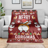 Red Merry Corgmas corgi blanket draped over gray sofa with festive border