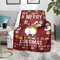 Red Merry Corgmas corgi dog blanket on floor rug with snowman and paw icons