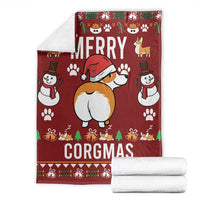 Red Merry Corgmas corgi blanket with festive icons, folded with white backing