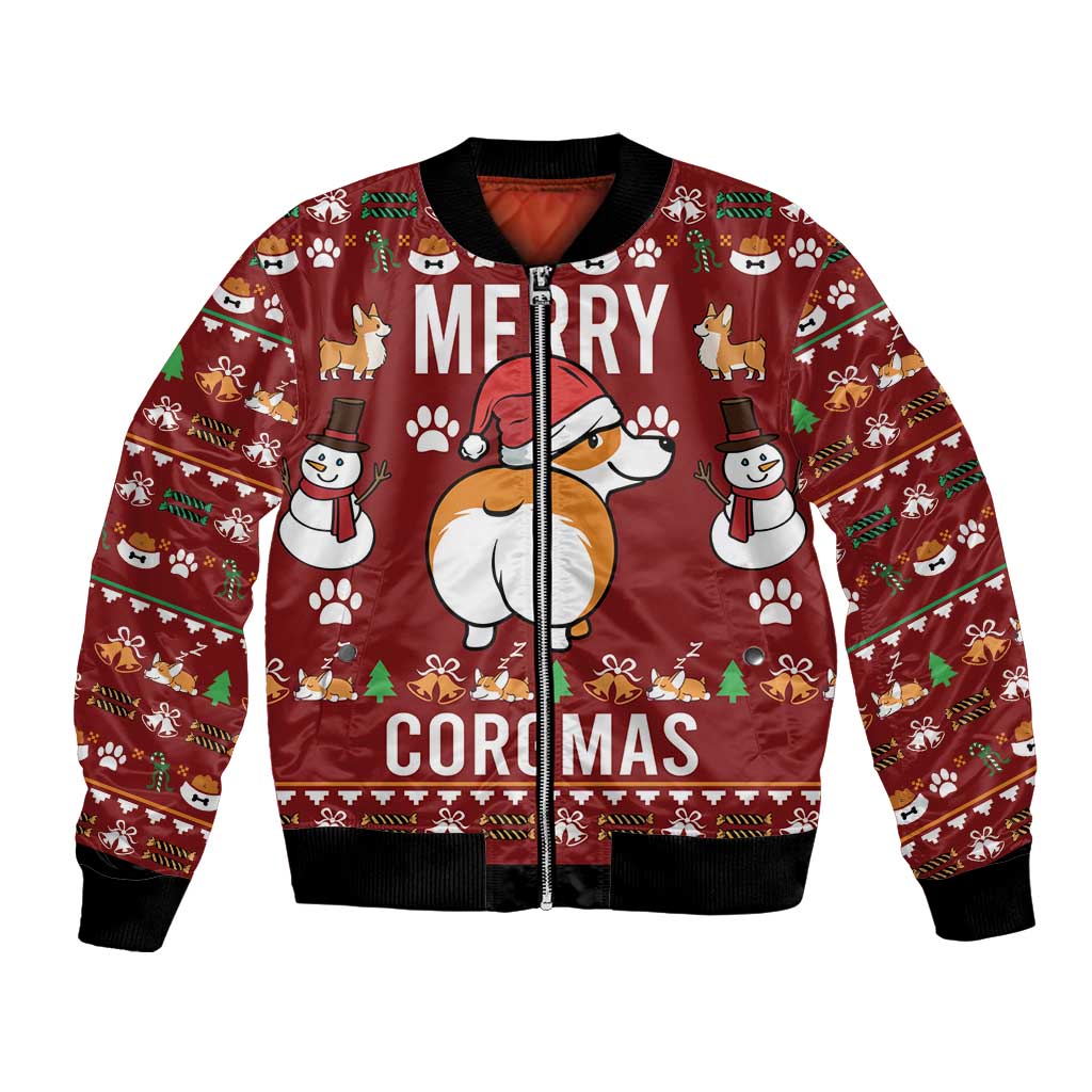 Red unisex bomber jacket with Merry CORGMAS corgi print, full zip, ribbed trim