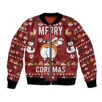 Red unisex bomber jacket with Merry CORGMAS corgi print, full zip, ribbed trim