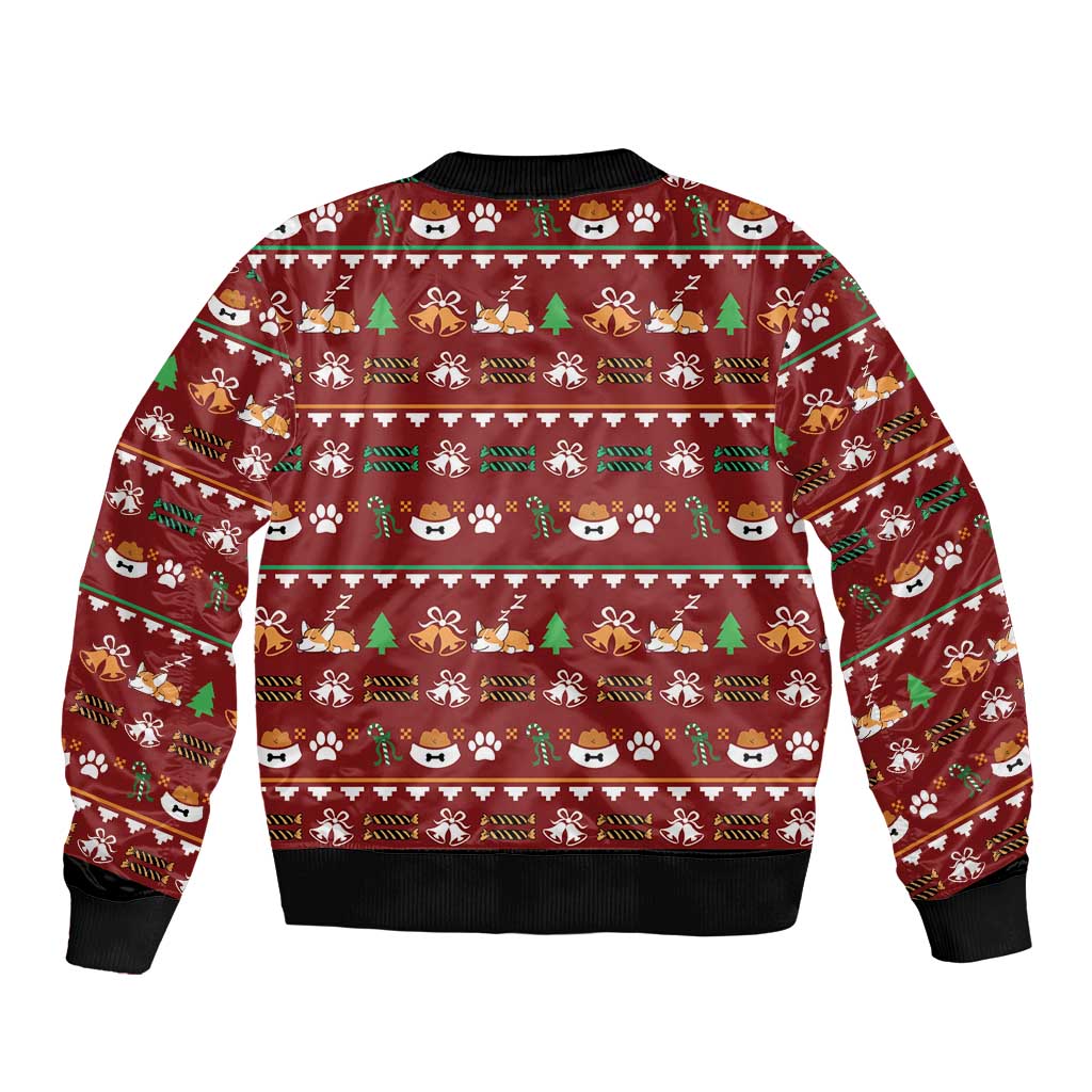 Red unisex bomber jacket with back Merry CORGMAS corgi-themed holiday pattern, ribbed hem