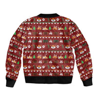 Red unisex bomber jacket with back Merry CORGMAS corgi-themed holiday pattern, ribbed hem