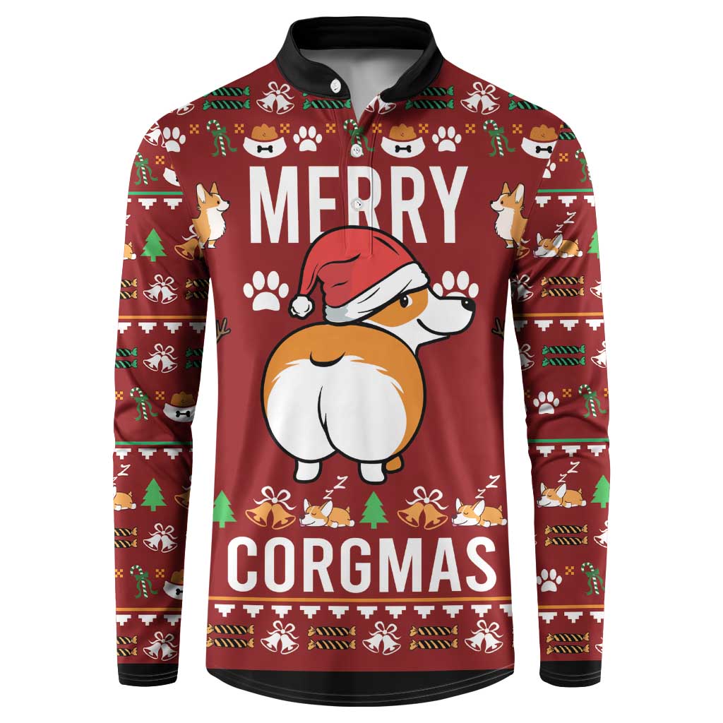 Red long-sleeve polo sweatshirt with Merry Corgmas corgi graphic and button placket
