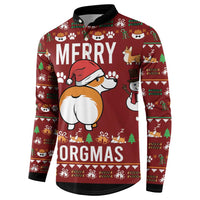 Red long-sleeve polo sweatshirt with Merry Corgmas corgi graphic and black collar