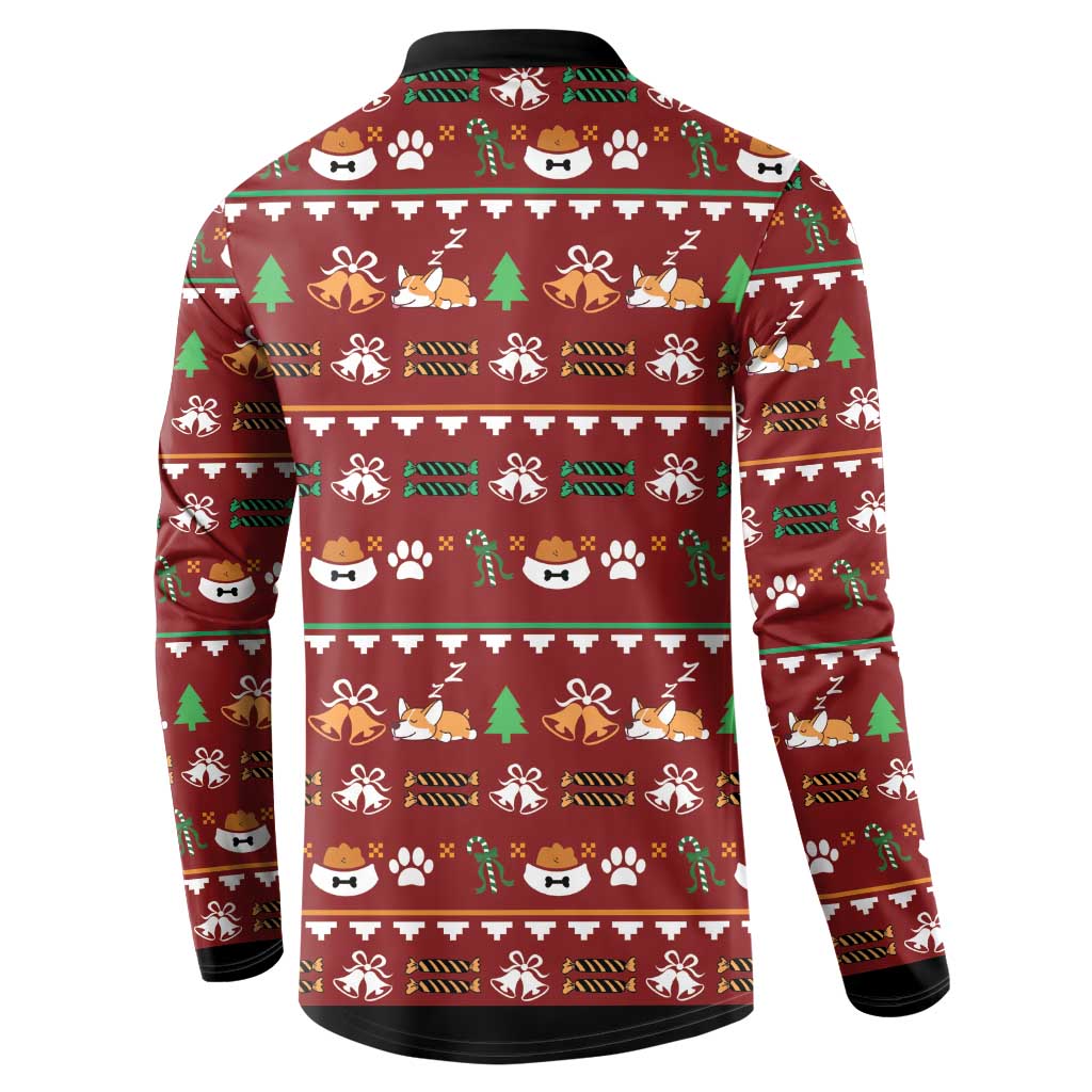 Red long-sleeve polo sweatshirt with Christmas pattern back and black trim cuffs