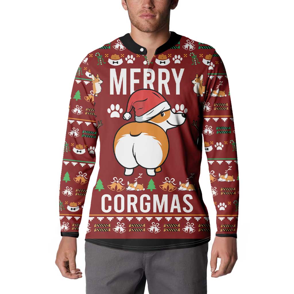 Red long-sleeve polo sweatshirt on model with Merry Corgmas corgi graphic and collar