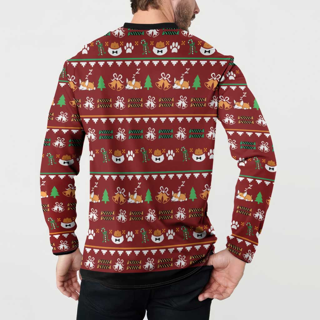 Red long-sleeve polo sweatshirt back view with Christmas pattern and black hem
