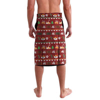 Red Christmas corgi dog print shorts with holiday motif stripes, back view