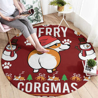 Red round Christmas rug with corgi graphic, paw prints, and 'MERRY CORGMAS' lettering