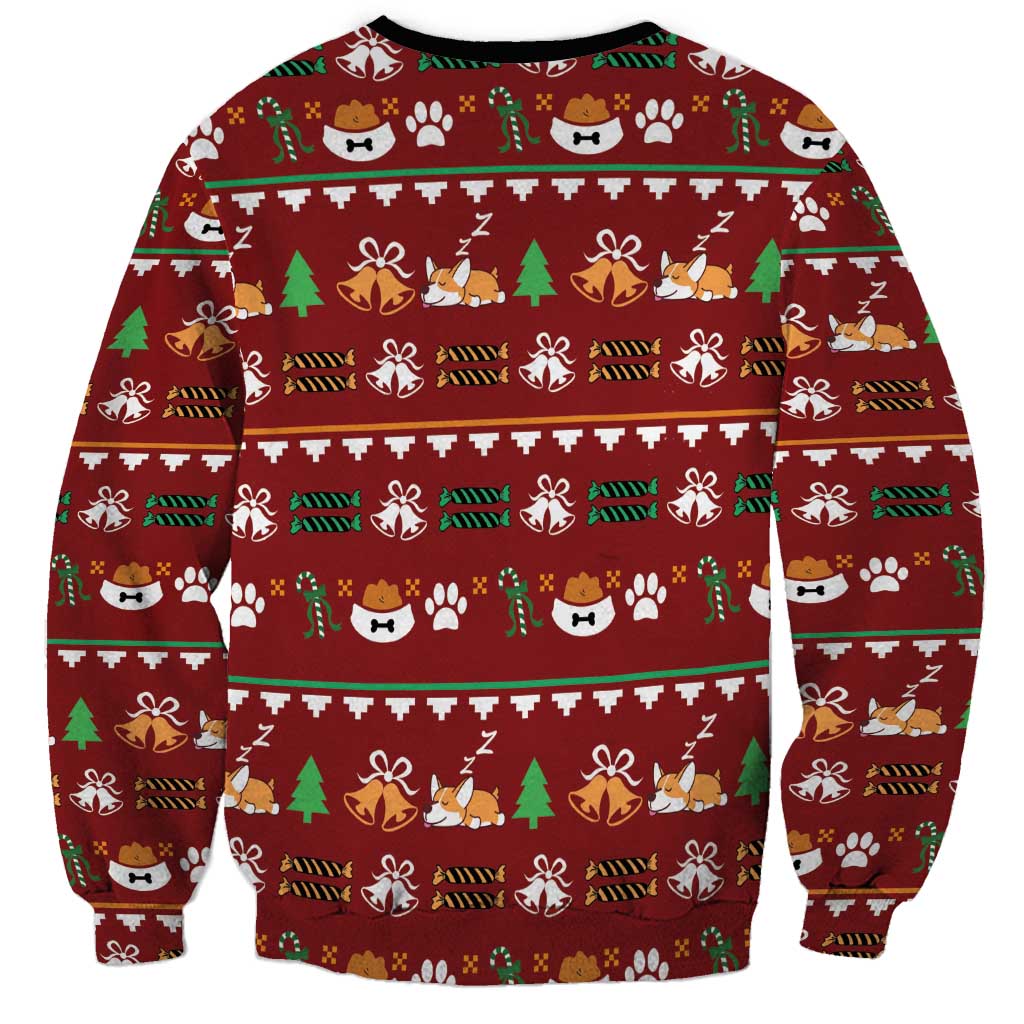 Red unisex corgi Christmas sweatshirt, all-over paw and festive pattern with trees