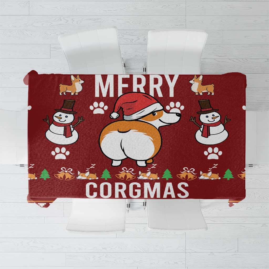 Red Christmas tablecloth with cartoon corgis and snowmen, featuring 'MERRY CORGMAS' text