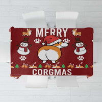 Red Christmas tablecloth with cartoon corgis and snowmen, featuring 'MERRY CORGMAS' text