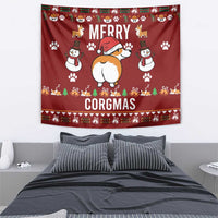 Red “MERRY CORGMAS” corgi tapestry with paw prints and snowman-style dog figures