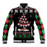 Black unisex baseball jacket with Christmas snowflake graphic, pom-pom penguins, striped cuffs