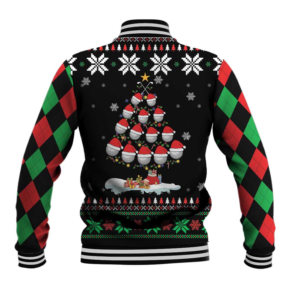 Black unisex baseball jacket, back view with Christmas tree snowflake print and striped rib hem