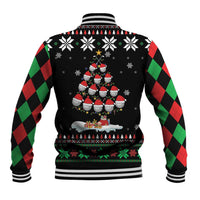 Black unisex baseball jacket, back view with Christmas tree snowflake print and striped rib hem
