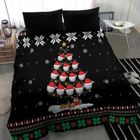 Black Christmas duvet cover set with penguin family, snowflakes, and green red trim