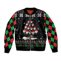 Unisex black bomber jacket with Christmas tree, snowflakes, and red-green plaid sleeves