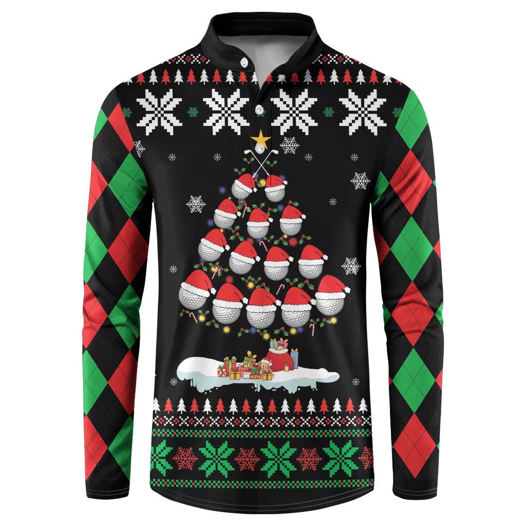 Black crewneck sweatshirt with red-green argyle sleeves and festive snowman front print