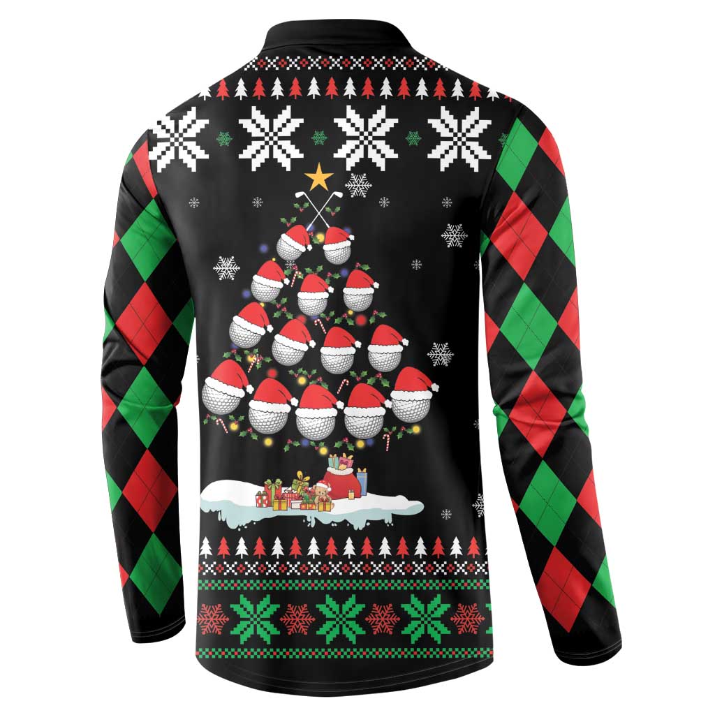 Black crewneck sweatshirt with red-green argyle sleeves and festive snowman back print