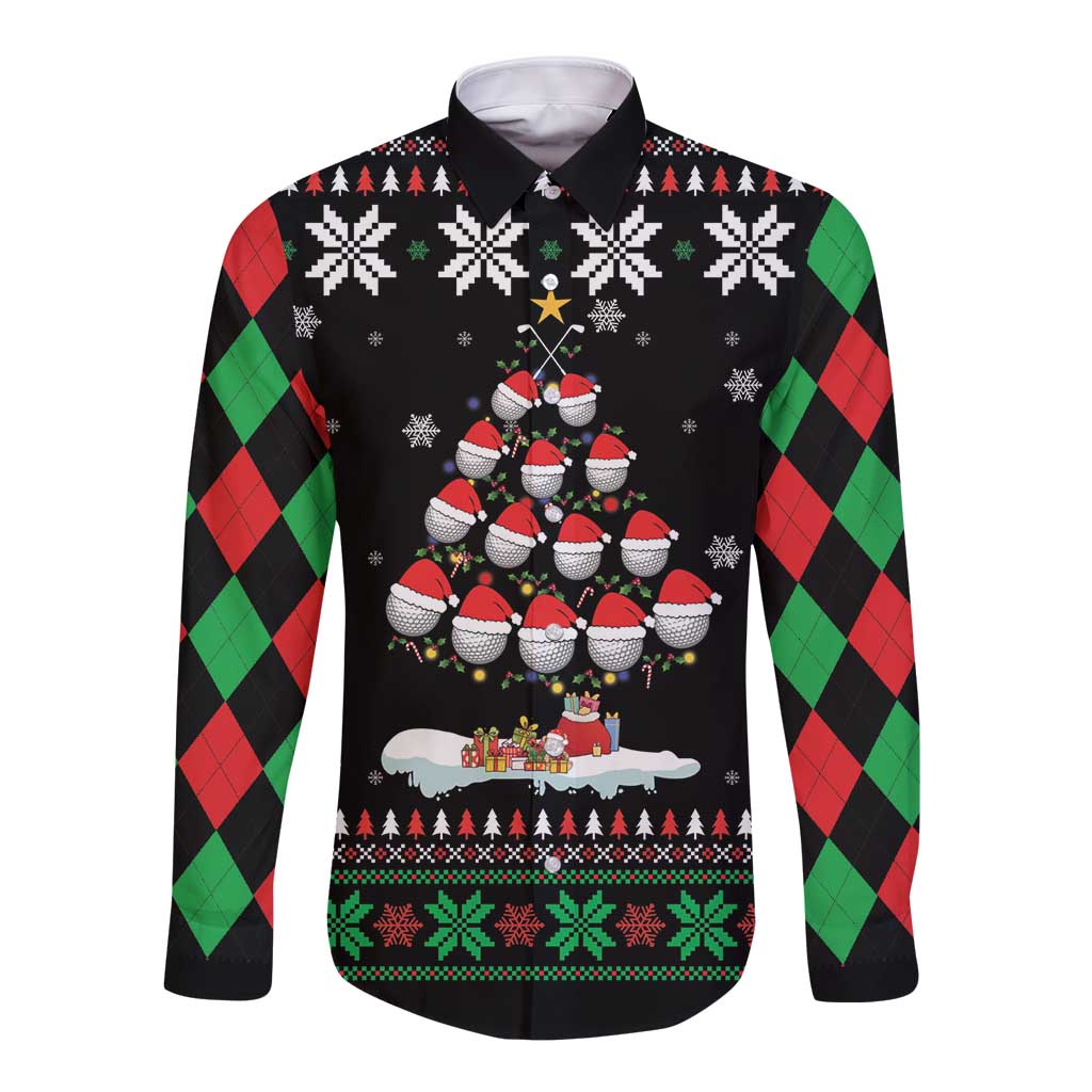 Black long-sleeve button shirt with argyle green/red sleeves and Christmas tree print