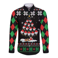 Black long-sleeve button shirt with argyle green/red sleeves and Christmas tree print