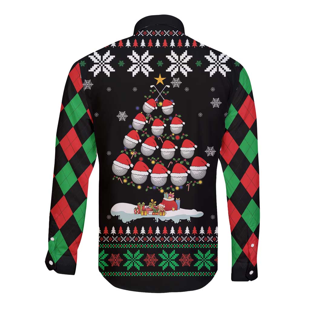 Black long-sleeve button shirt back view with argyle green/red sleeves, tree and lights