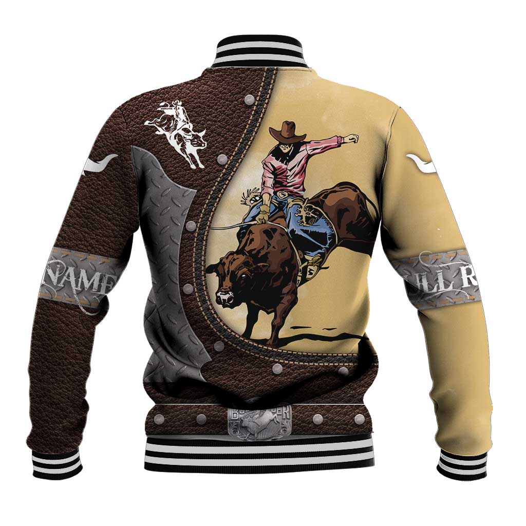 Back view two-tone varsity jacket with bull-riding rider graphic, striped ribbed cuffs