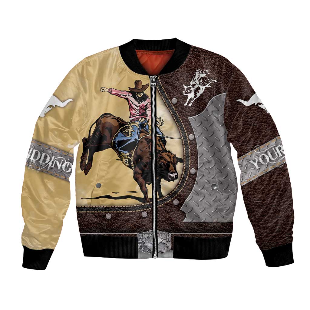 Brown bomber jacket with rodeo cowboy and bull graphic, quilted panel design, snap buttons