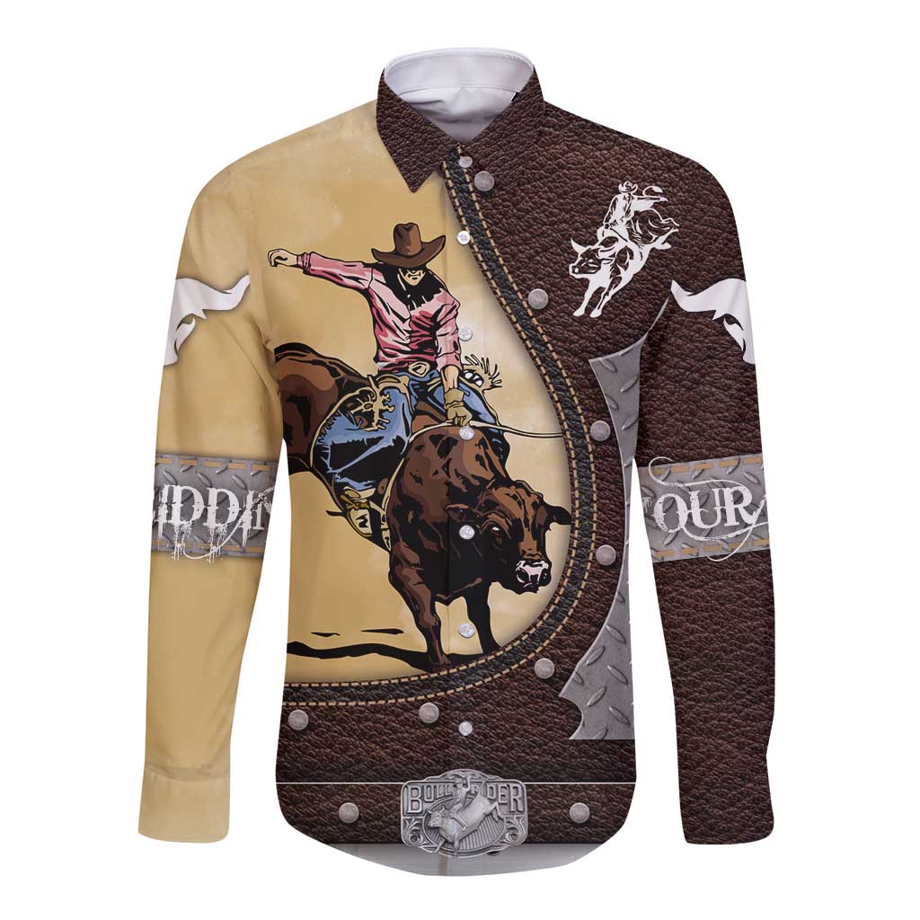 Brown long-sleeve button shirt with cowboy bull riding graphic and snap buttons