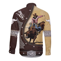 Brown long-sleeve button shirt with horse and bull riding print, contrast sleeves
