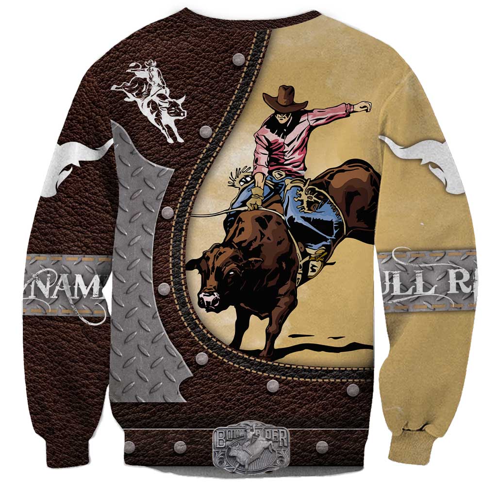 Unisex bull riding sweatshirt, dark brown and tan panels with cowboy and bull rodeo art